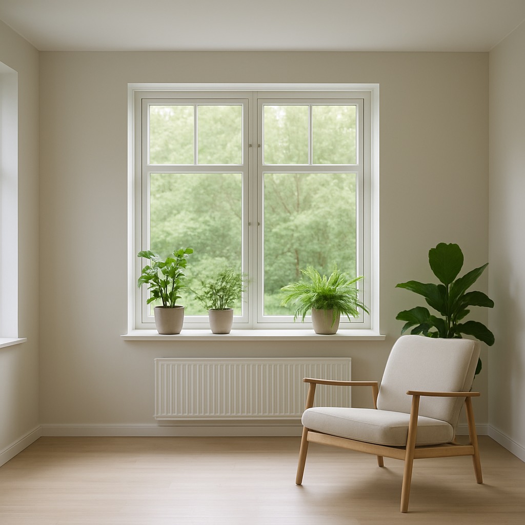 Interior pintado e arejado com plantas e luz natural